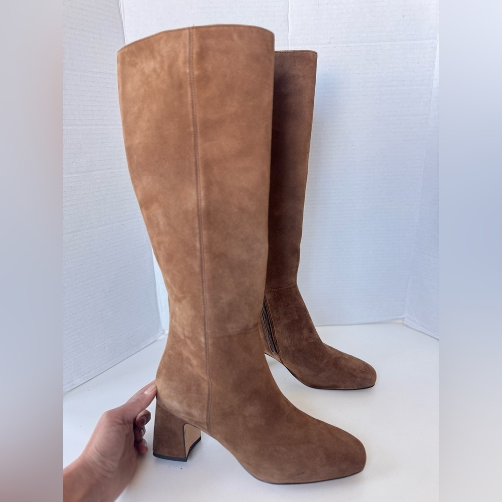 Cole Haan Grand Georgette Tan Leather Suede Tall Block Heel Boots Shoes Size 8 - Picture 2 of 16